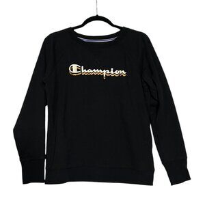 Champion Retro Crewneck Sweatshirt Logo Spellout Black Cream Brown Size Medium